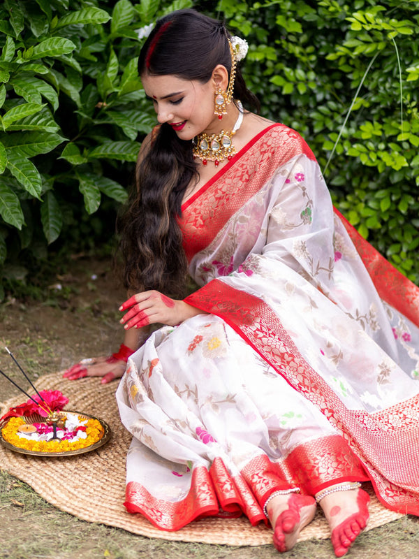 Banarasi Cotton Silk Saree with Meenakari Jaal Weaving& Contrast Border-Off White & Red