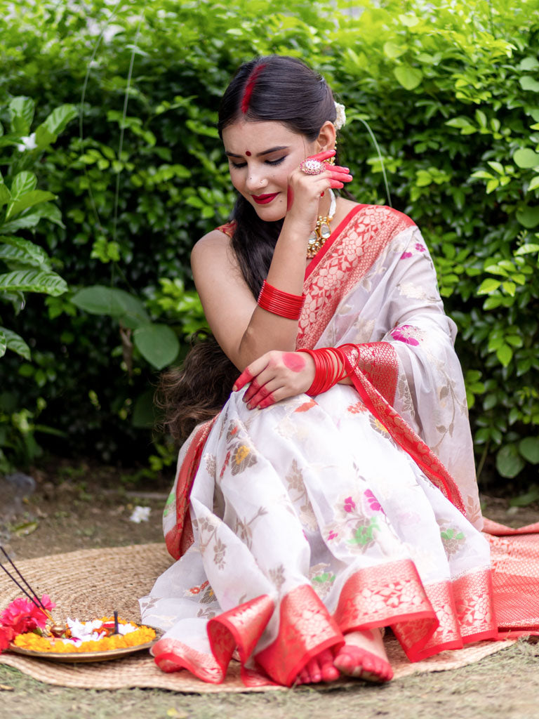 Banarasi Cotton Silk Saree with Meenakari Jaal Weaving& Contrast Border-White & Red