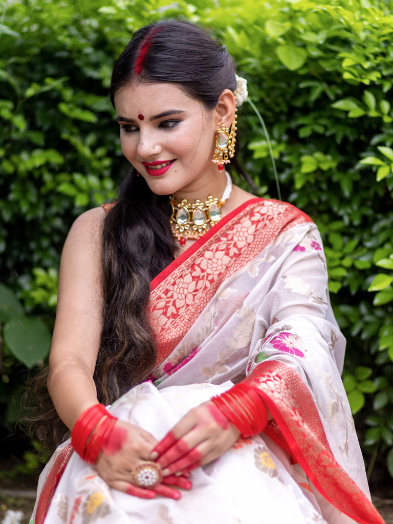 Banarasi Cotton Silk Saree with Meenakari Jaal Weaving& Contrast Border-White & Red