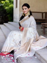 Banarasi Handloom Art Katan Silk Saree With Zari Buti Weaving-White