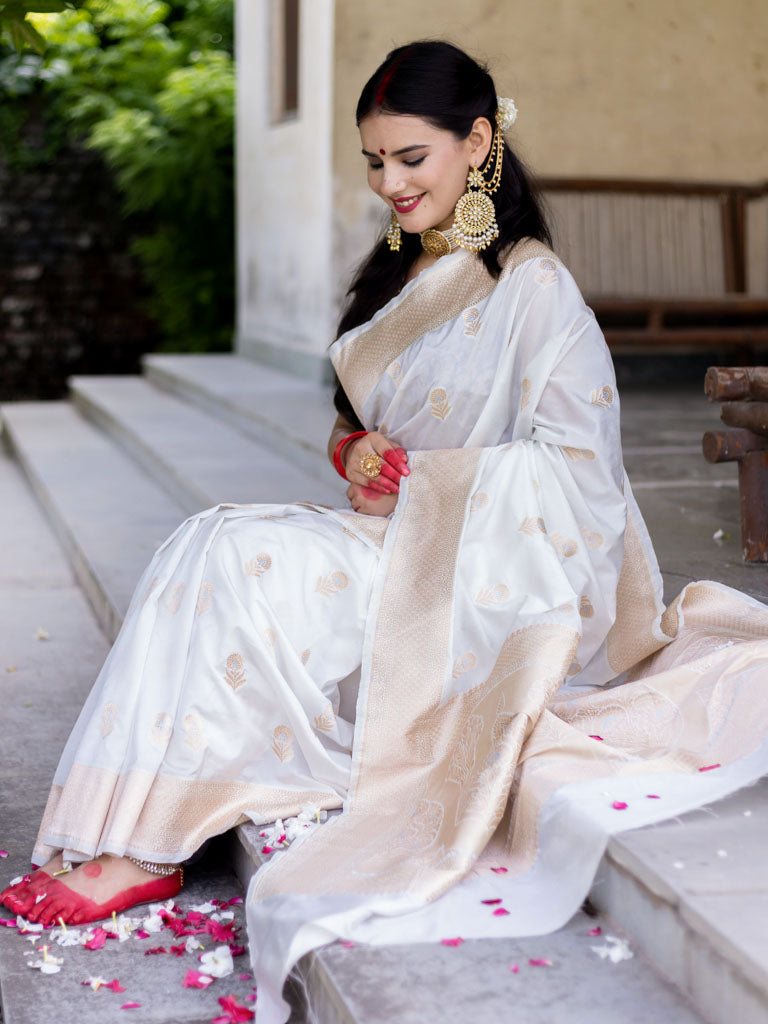 Banarasi Handloom Art Katan Silk Saree With Zari Buti Weaving-White
