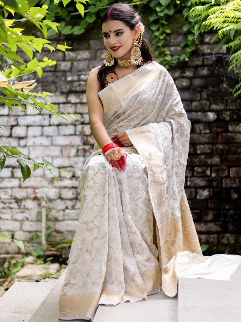Banarasi Handloom Art Katan Silk Saree With Zari Jaal Weaving-White
