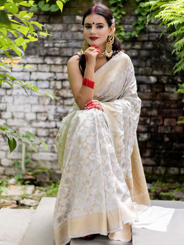 Banarasi Handloom Art Katan Silk Saree With Zari Jaal Weaving-White