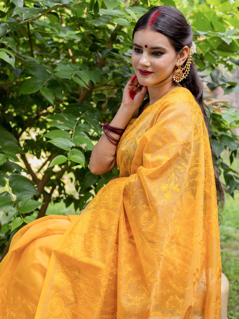Banarasi Soft Net Saree With Self Resham Weaving Design-Yellow