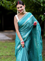 Banarasi Cotton Silk Saree with Satin Border-Blue