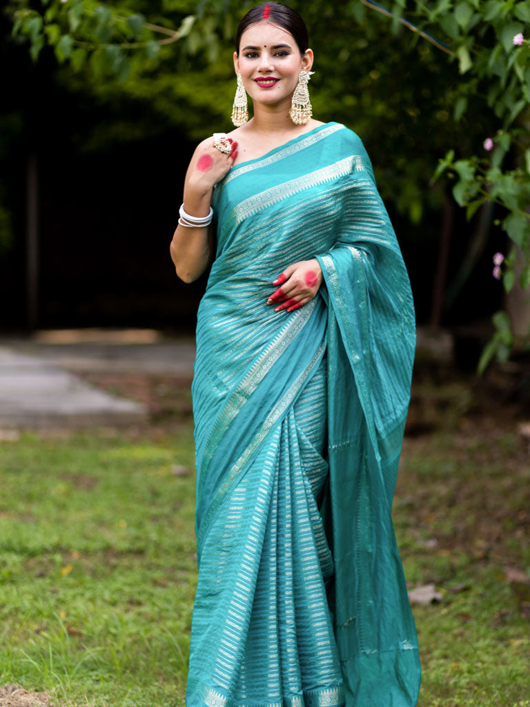 Banarasi Cotton Silk Saree with Satin Border-Blue