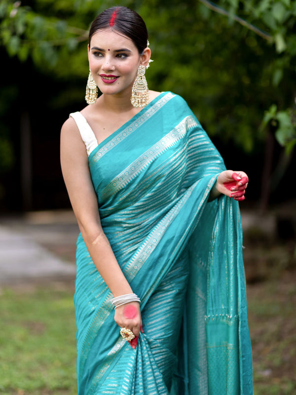Banarasi Cotton Silk Saree with Satin Border-Blue