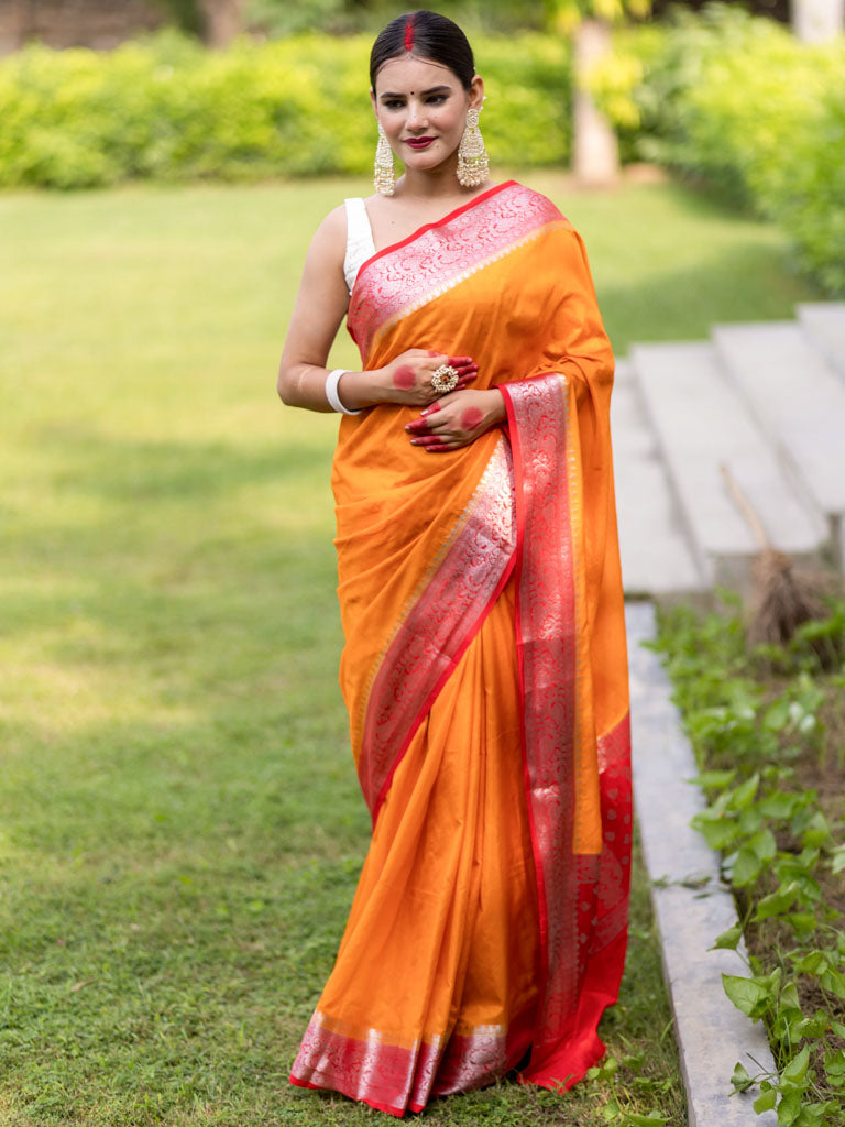 Banarasi Plain Semi Silk Saree With Contrast Border-Orange