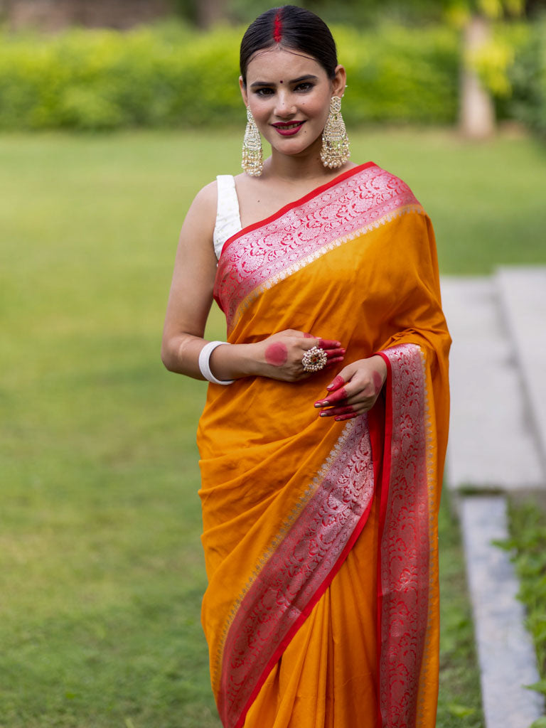 Banarasi Plain Semi Silk Saree With Contrast Border-Orange