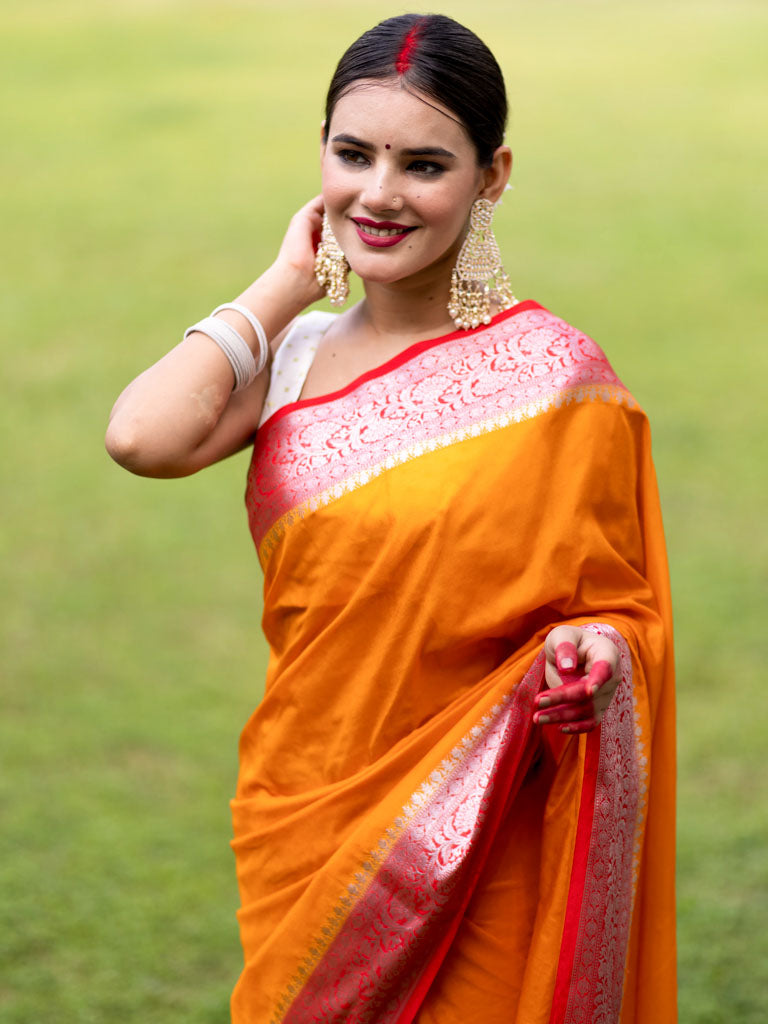 Banarasi Plain Semi Silk Saree With Contrast Border-Orange