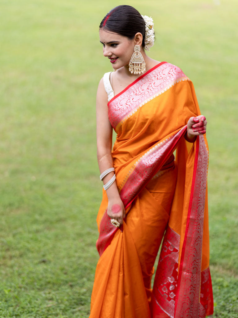 Banarasi Plain Semi Silk Saree With Contrast Border-Orange