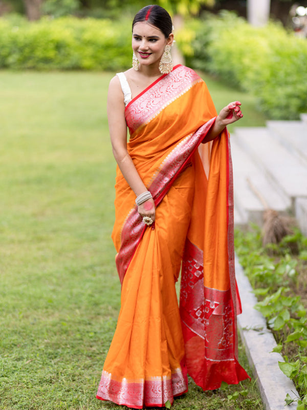 Banarasi Plain Semi Silk Saree With Contrast Border-Orange