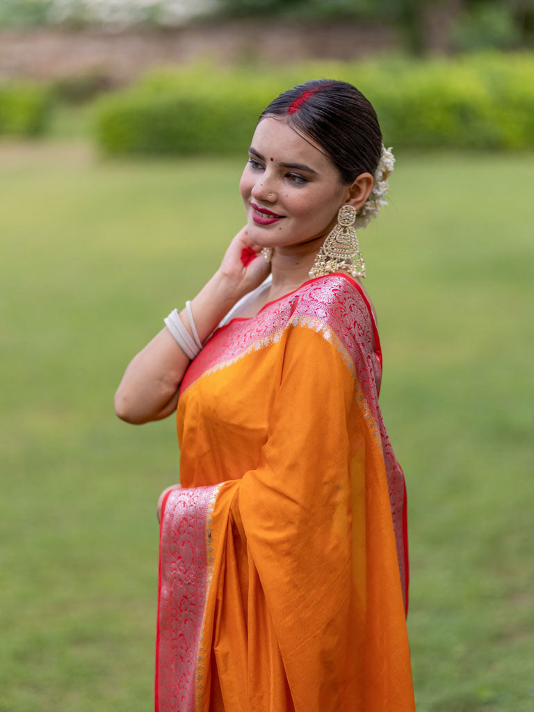 Banarasi Plain Semi Silk Saree With Contrast Border-Orange