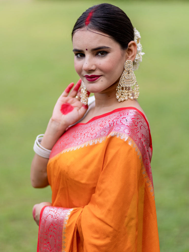 Banarasi Plain Semi Silk Saree With Contrast Border-Orange