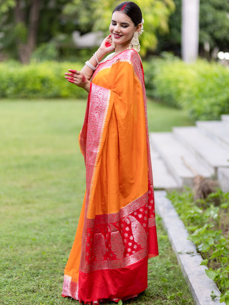 Banarasi Plain Semi Silk Saree With Contrast Border-Orange