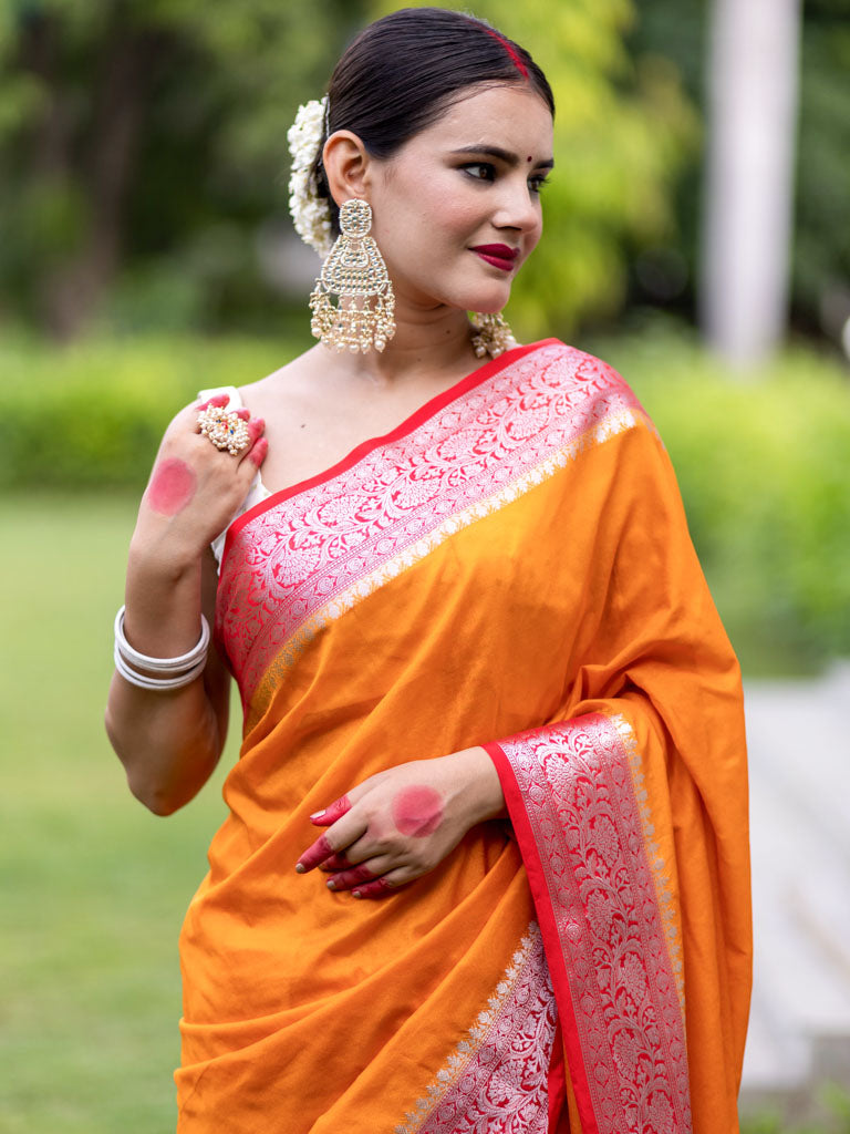 Banarasi Plain Semi Silk Saree With Contrast Border-Orange