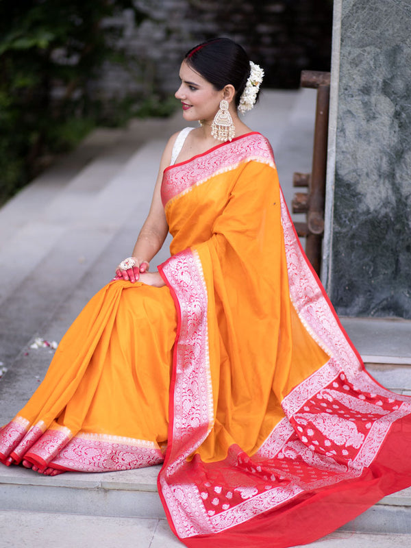 Banarasi Plain Semi Silk Saree With Contrast Border-Orange
