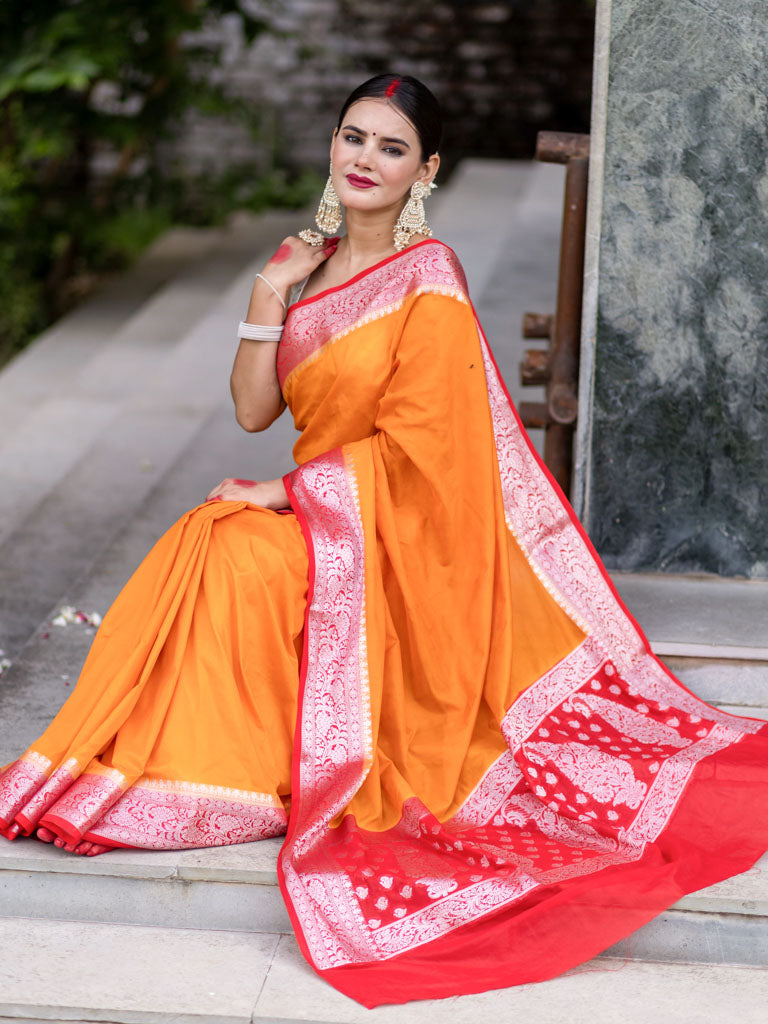 Banarasi Plain Semi Silk Saree With Contrast Border-Orange