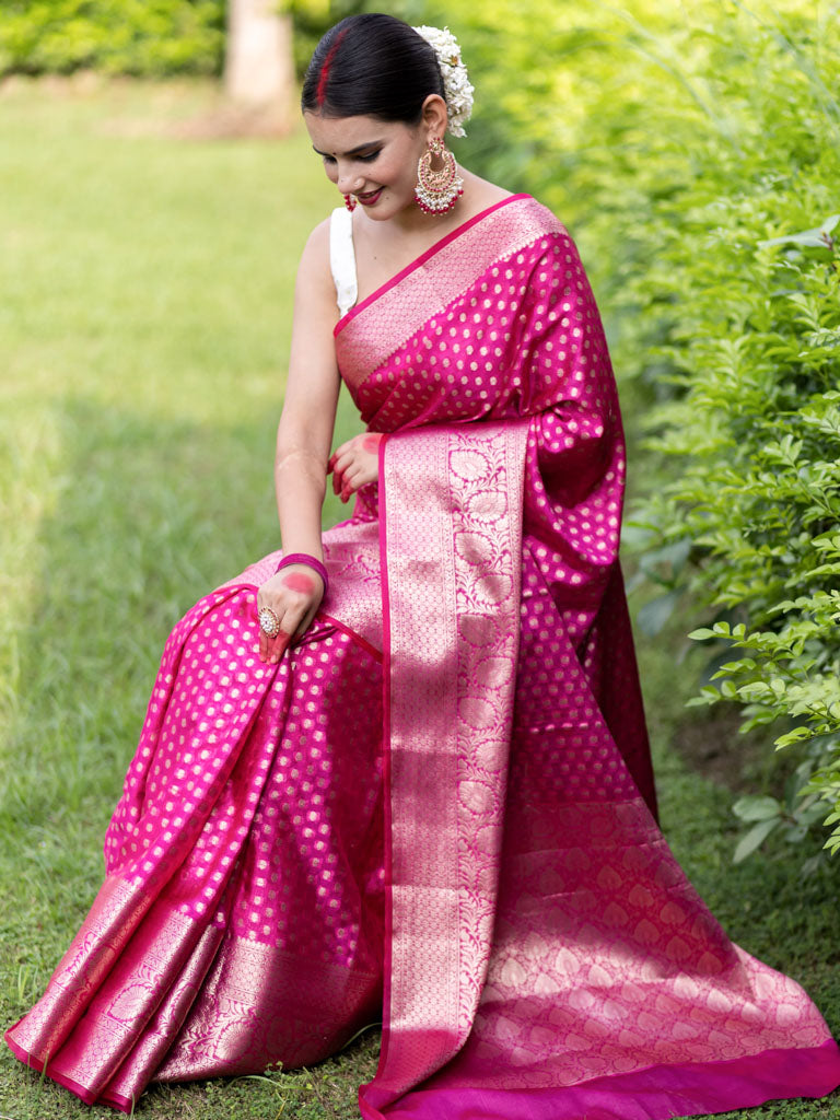 Banarasi Semi Silk Saree With Zari Weaving & Skirt Border-Pink