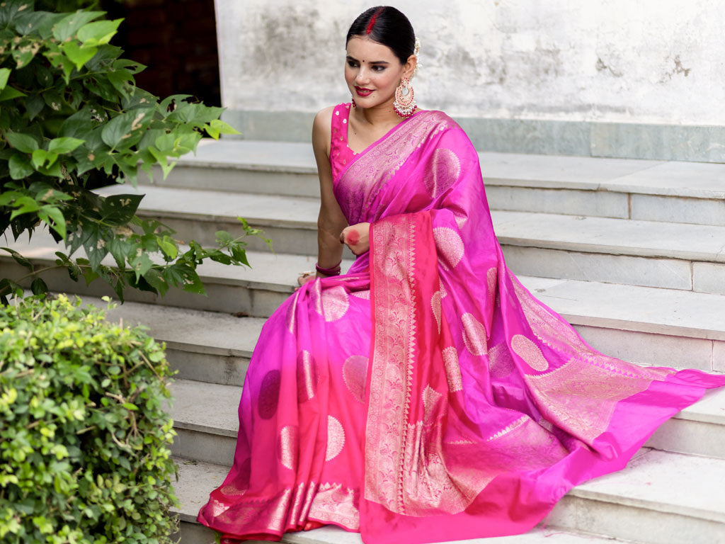 Banarasi Dual Shade Semi Silk Saree With Buti Zari Weaving-Pink