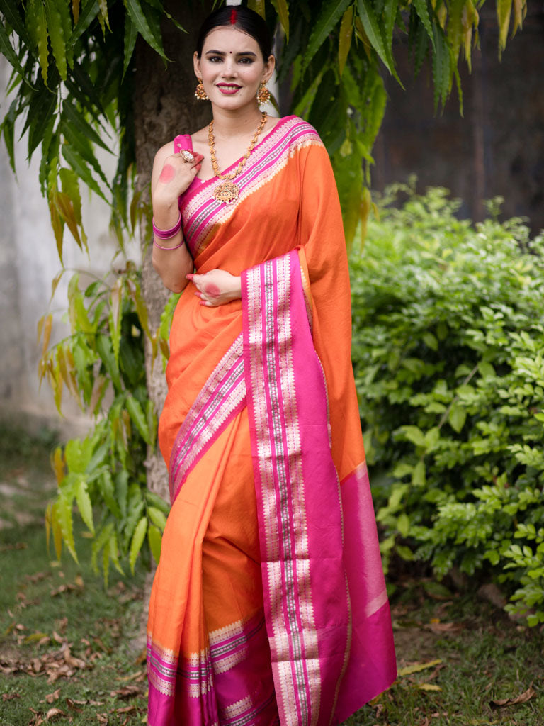 Banarasi Cotton Silk Saree with Satin Contrast Border-Orange