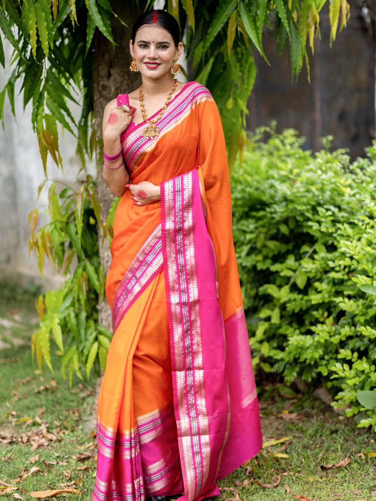 Banarasi Cotton Silk Saree with Satin Contrast Border-Orange