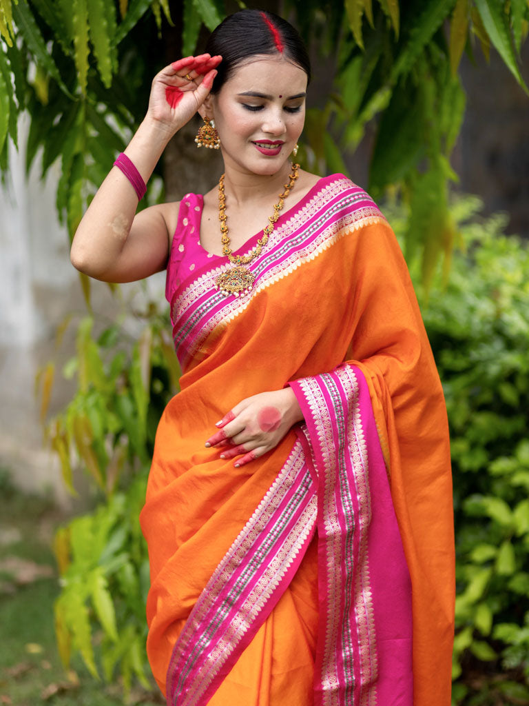 Banarasi Cotton Silk Saree with Satin Contrast Border-Orange