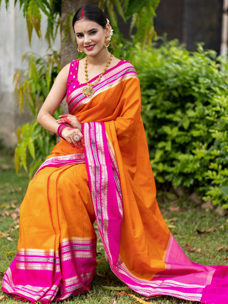 Banarasi Cotton Silk Saree with Satin Contrast Border-Orange