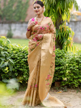 Banarasi Soft Tissue Saree With Jaal Embroidery Zari Weaving Border -Beige