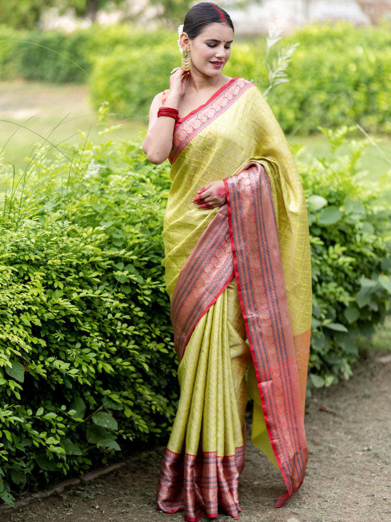 Banarasi Kora Muslin Saree With Tanchoi Weaving & Contrast  Border-Green