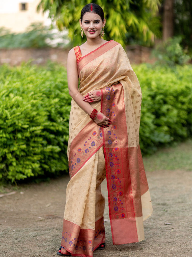 Banarasi Cotton Silk Saree With Resham & Meena Weaving Skirt Border-Beige