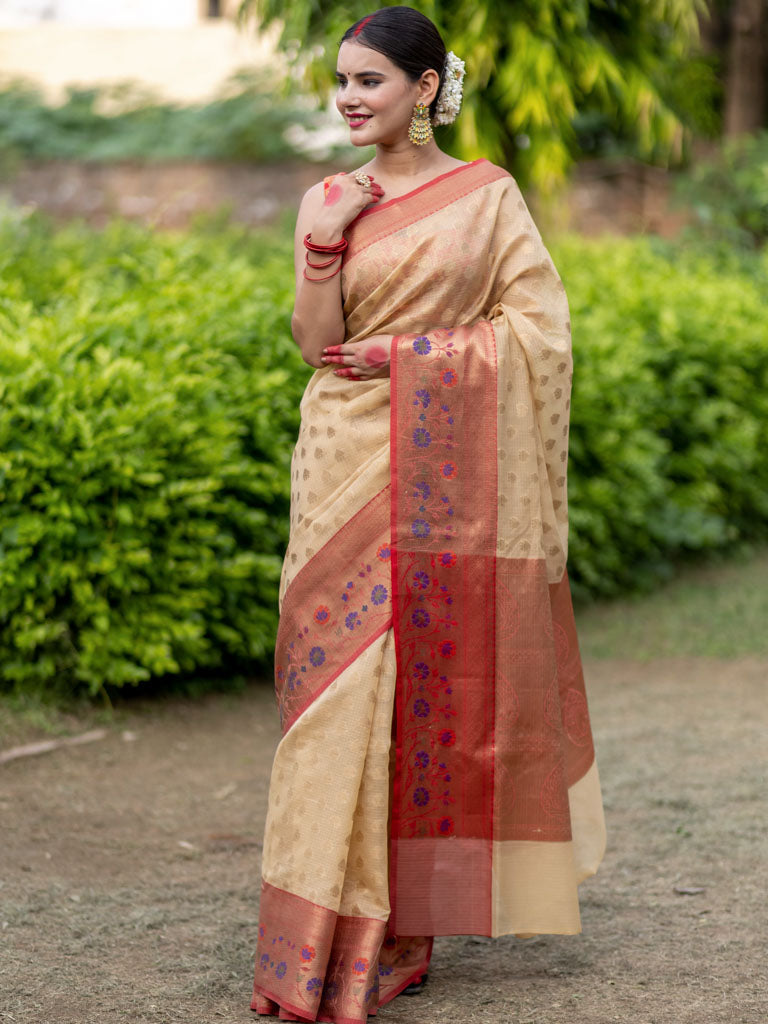 Banarasi Cotton Silk Saree With Resham & Meena Weaving Skirt Border-Beige