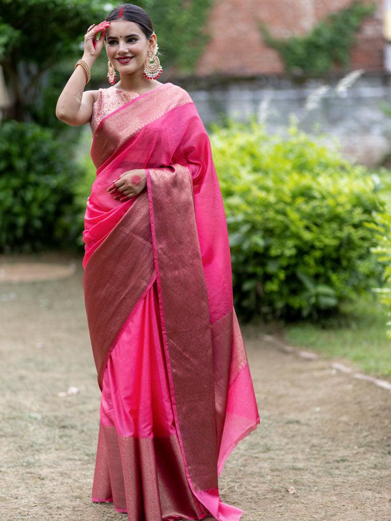 Banarasi Cotton Silk Saree with Plain Skirt Border-Pink