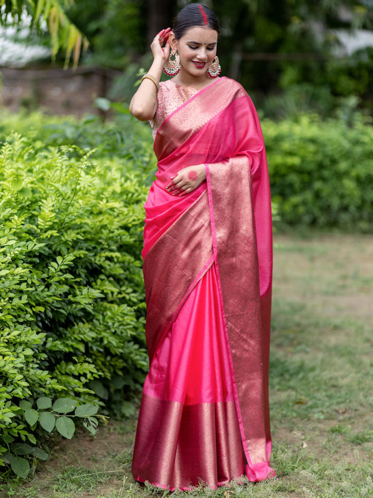 Banarasi Cotton Silk Saree with Plain Skirt Border-Pink