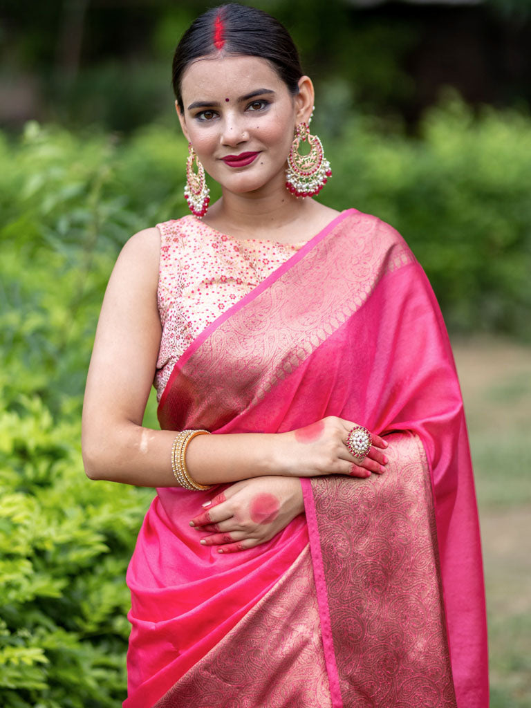 Banarasi Cotton Silk Saree with Plain Skirt Border-Pink