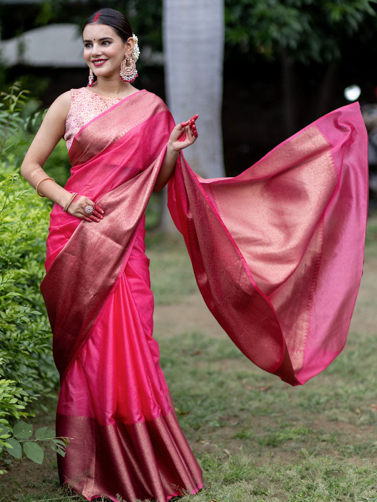 Banarasi Cotton Silk Saree with Plain Skirt Border-Pink