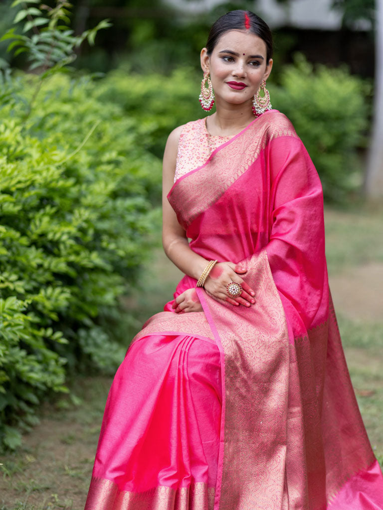 Banarasi Cotton Silk Saree with Plain Skirt Border-Pink