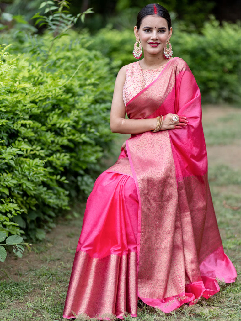 Banarasi Cotton Silk Saree with Plain Skirt Border-Pink