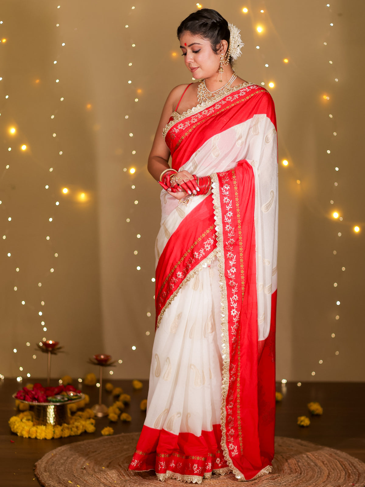 Banarasi Semi Chiffon Saree With Contrast Lace Border- White