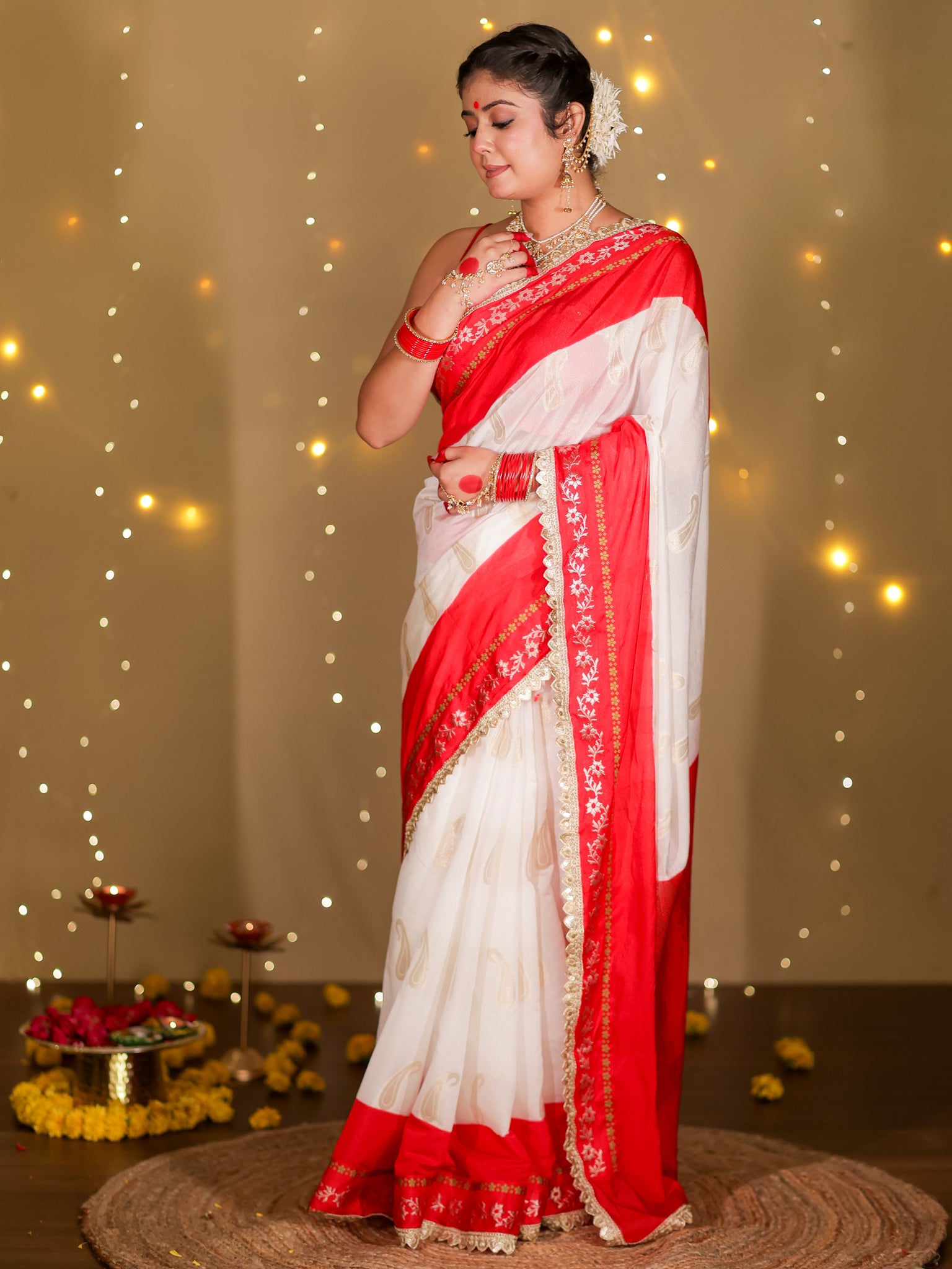 Banarasi Semi Chiffon Saree With Contrast Lace Border- White