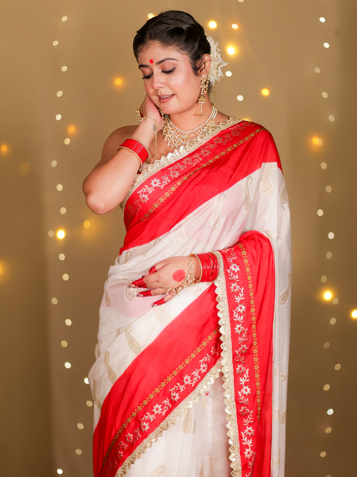 Banarasi Semi Chiffon Saree With Contrast Lace Border- White