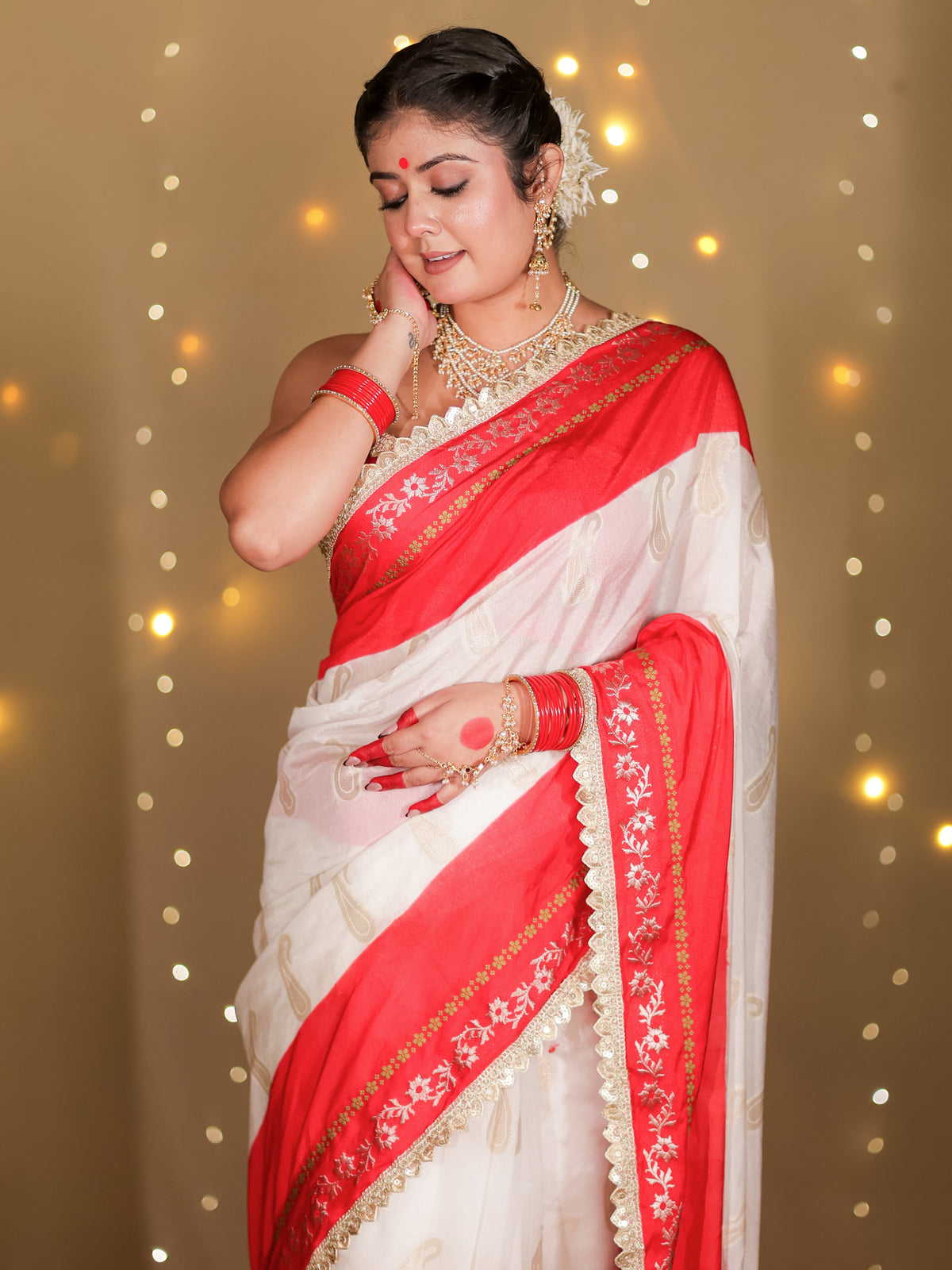 Banarasi Semi Chiffon Saree With Contrast Lace Border- White