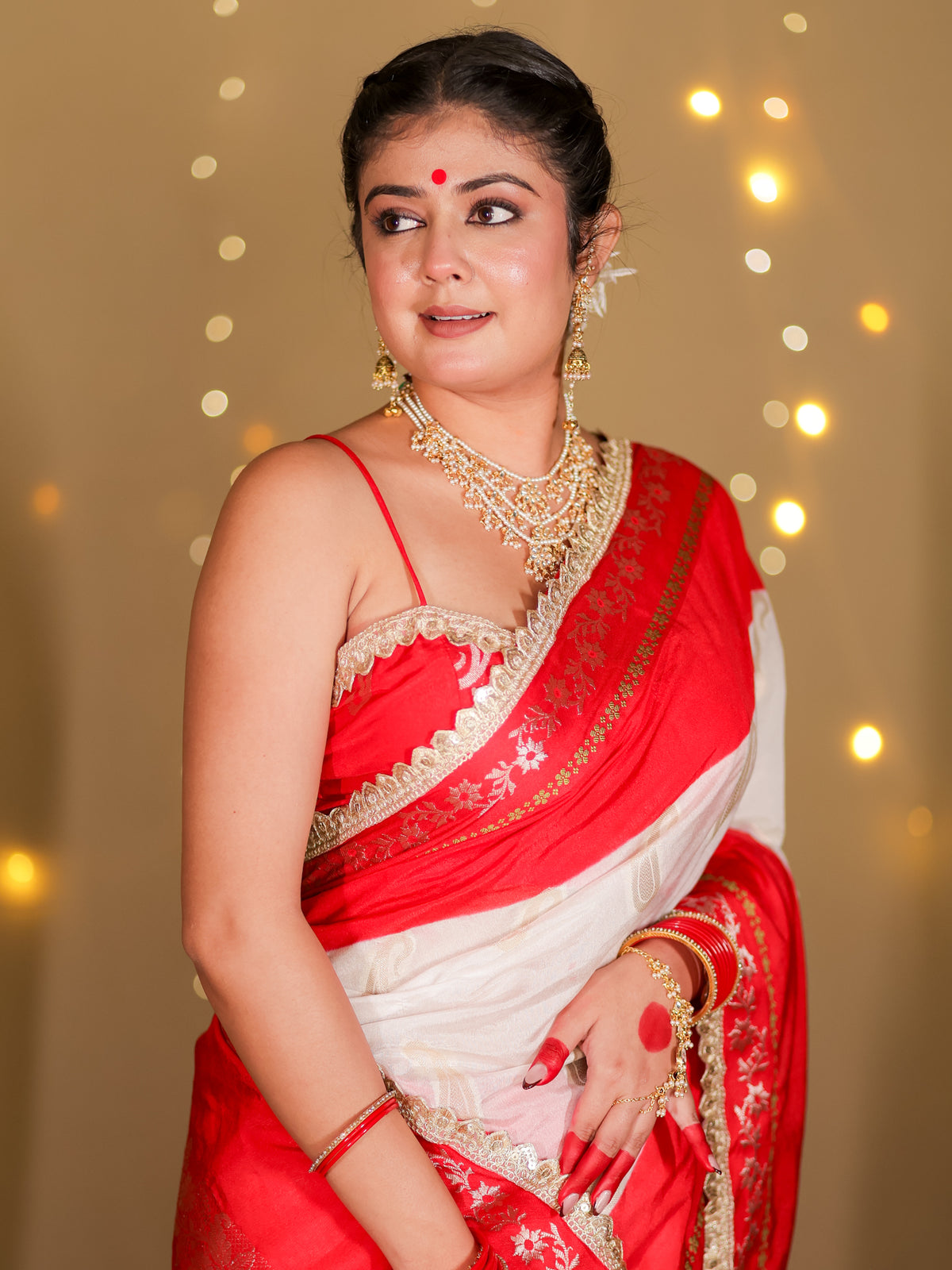 Banarasi Semi Chiffon Saree With Contrast Lace Border- White