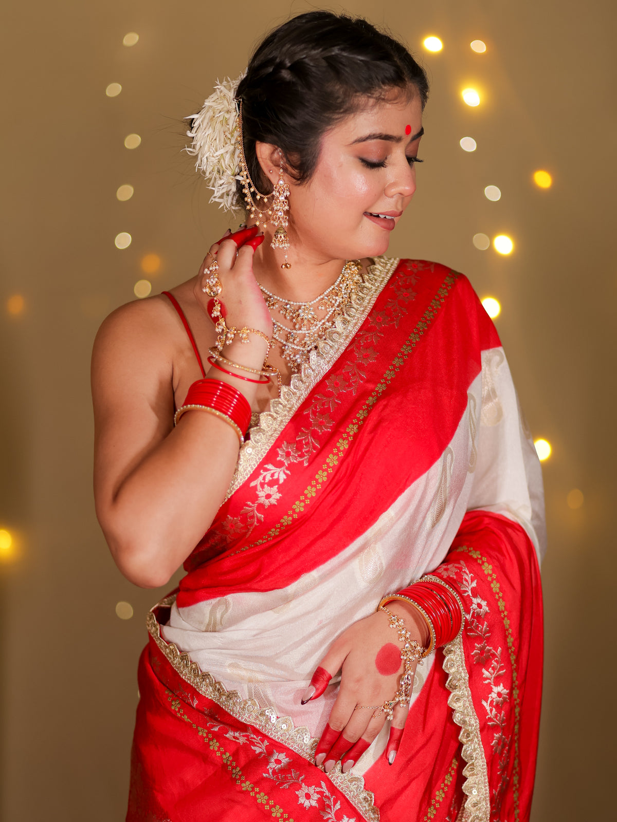 Banarasi Semi Chiffon Saree With Contrast Lace Border- White