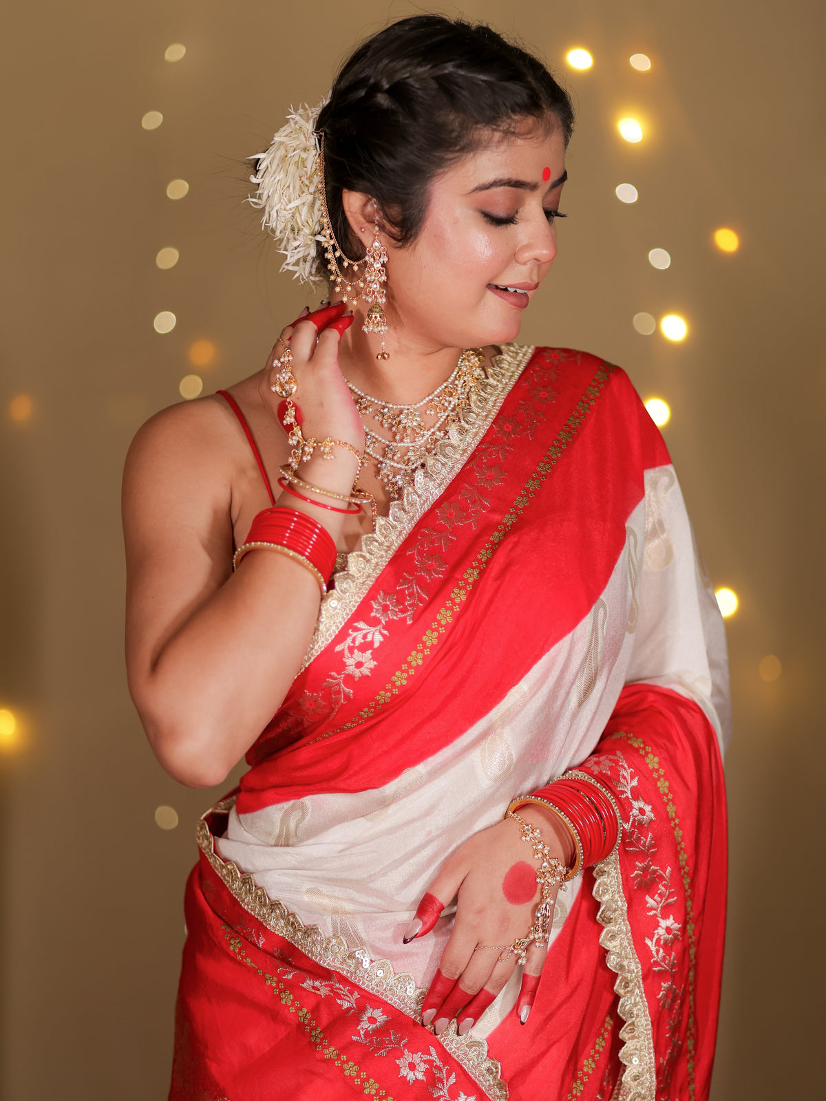 Banarasi Semi Chiffon Saree With Contrast Lace Border- White