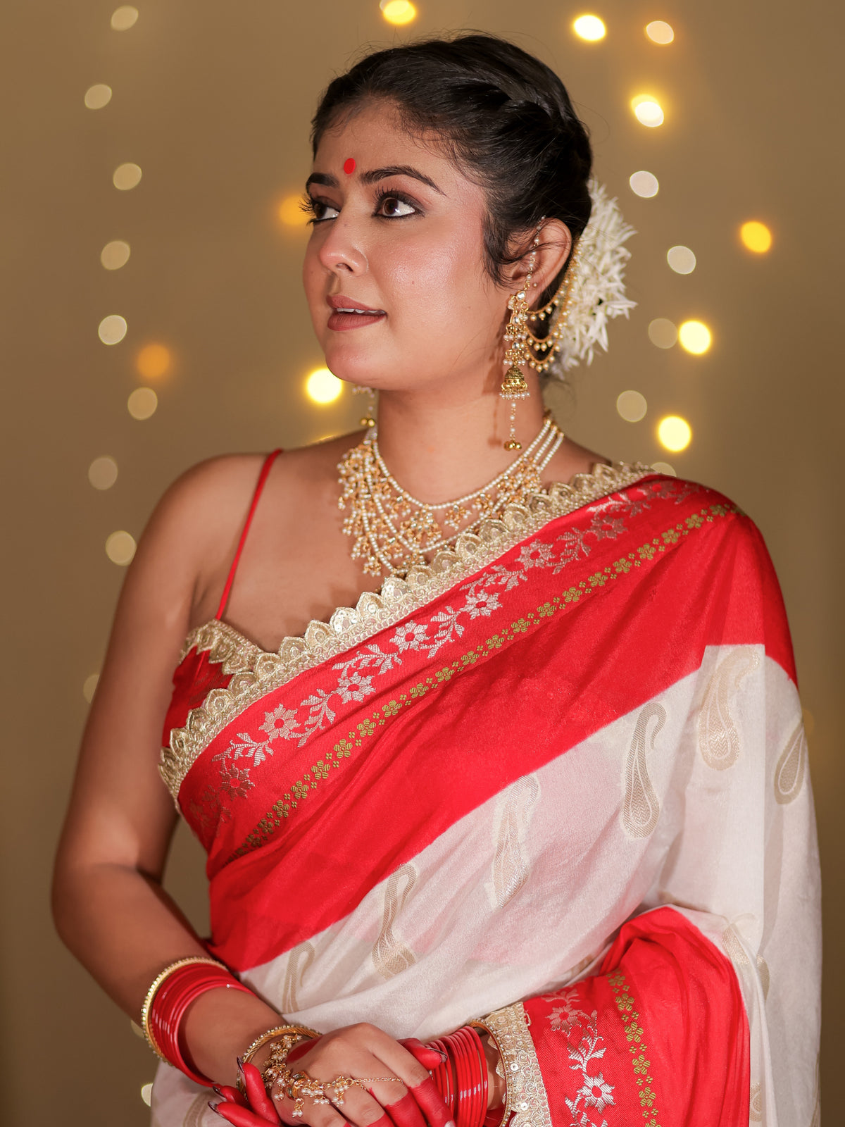 Banarasi Semi Chiffon Saree With Contrast Lace Border- White