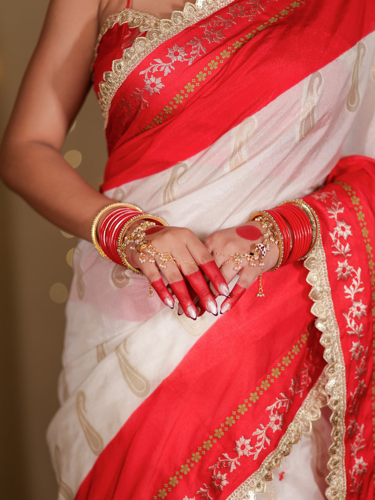 Banarasi Semi Chiffon Saree With Contrast Lace Border- White