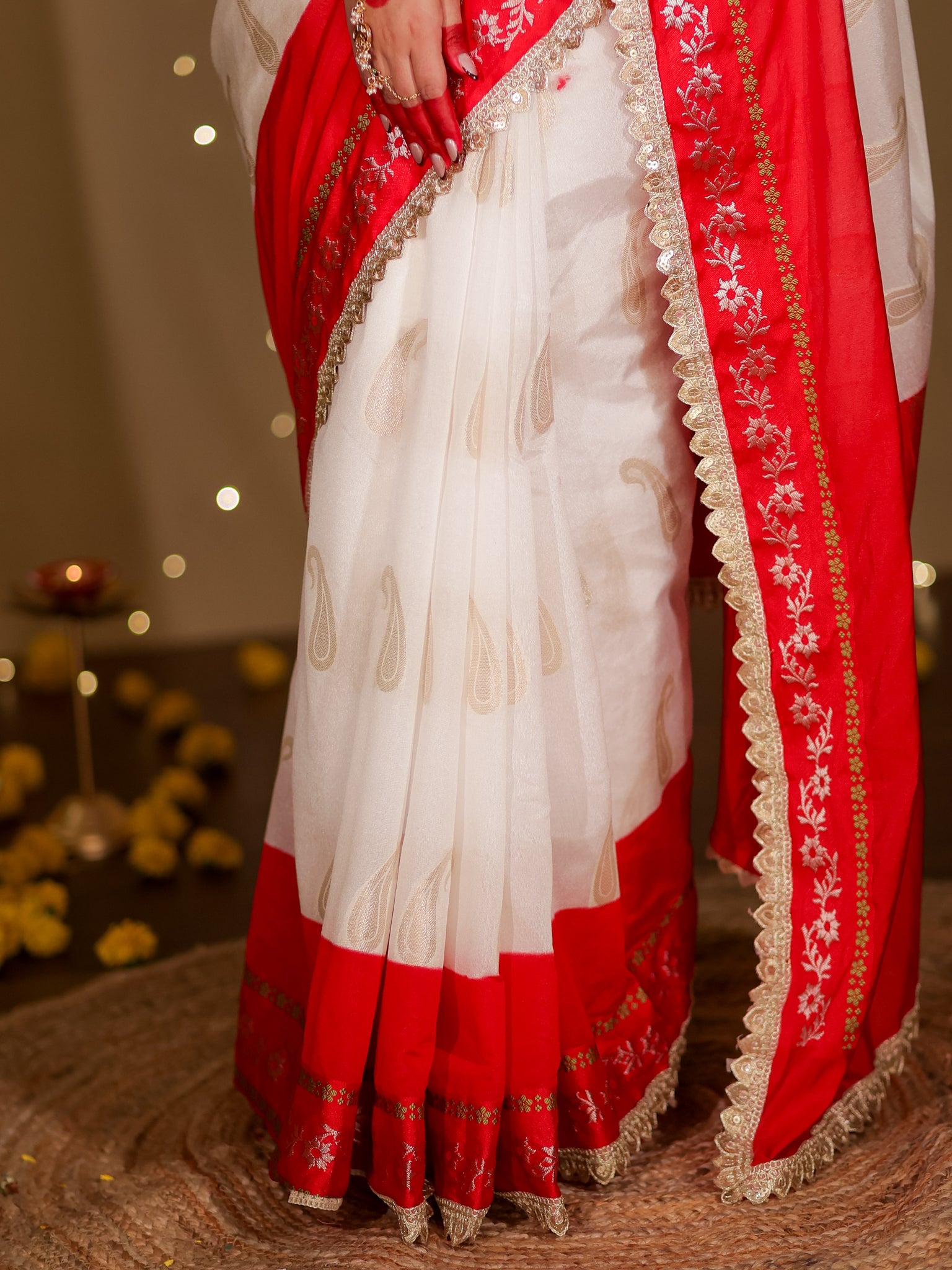Banarasi Semi Chiffon Saree With Contrast Lace Border- White