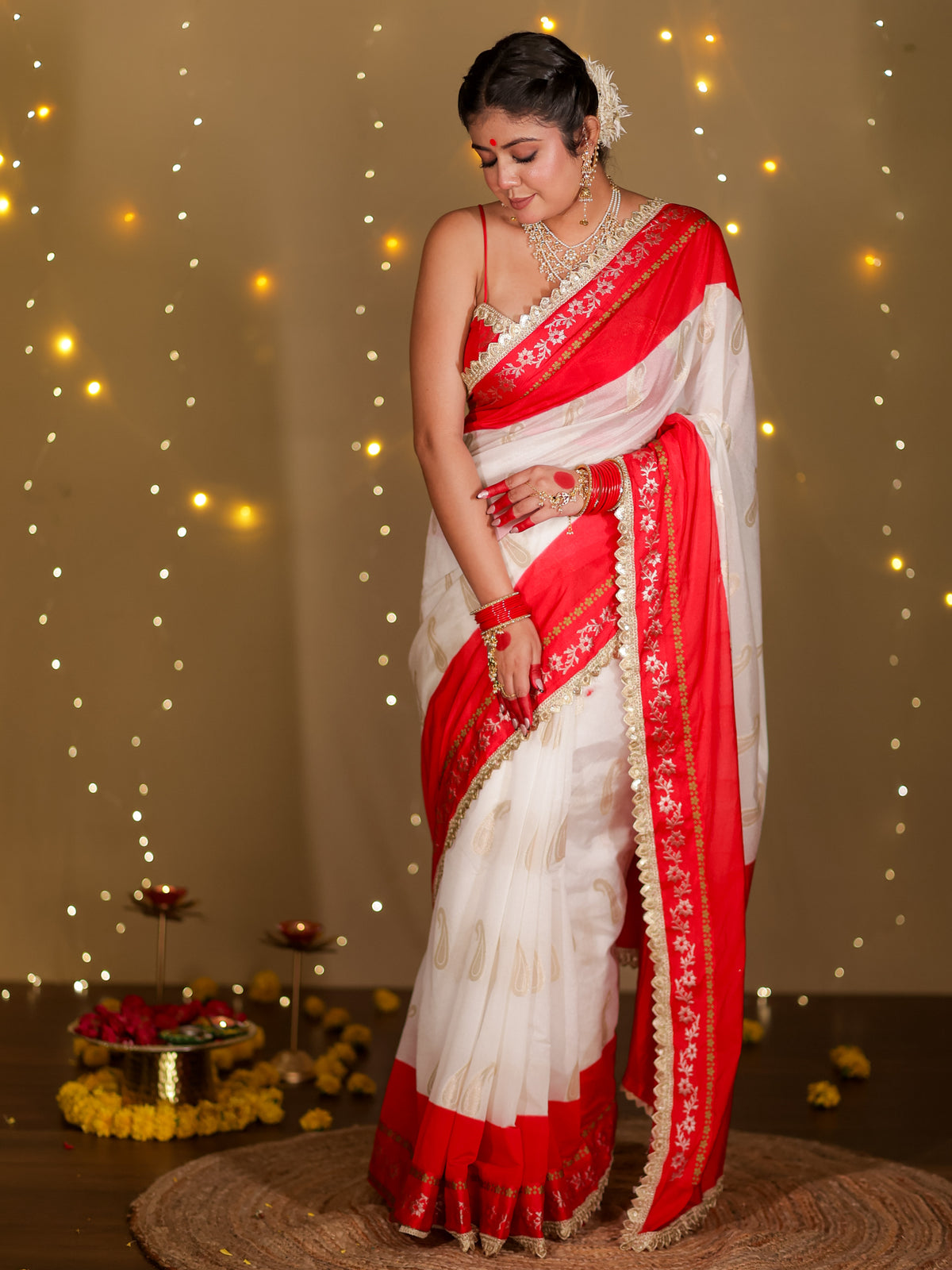 Banarasi Semi Chiffon Saree With Contrast Lace Border- White