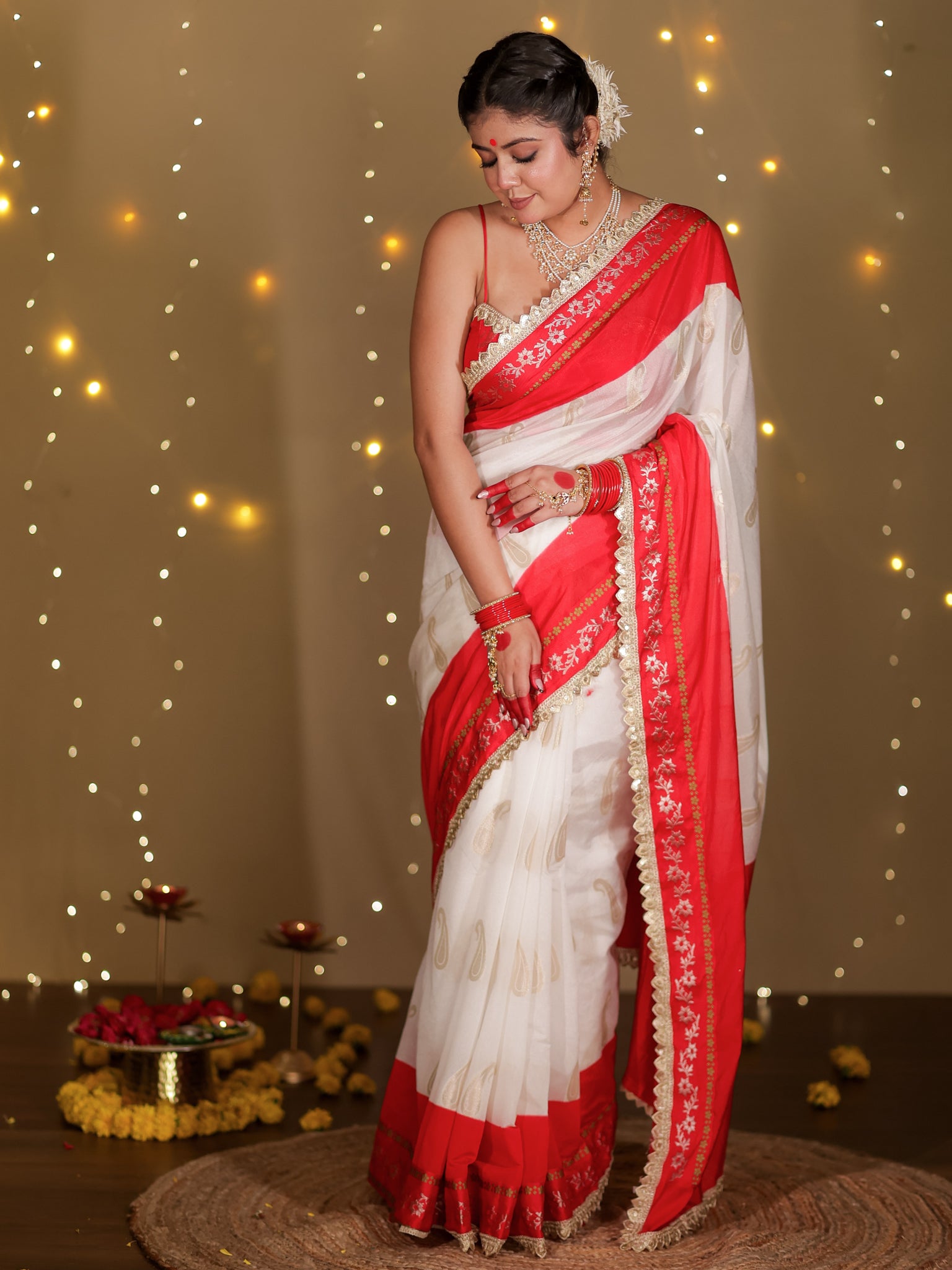 Banarasi Semi Chiffon Saree With Contrast Lace Border- White